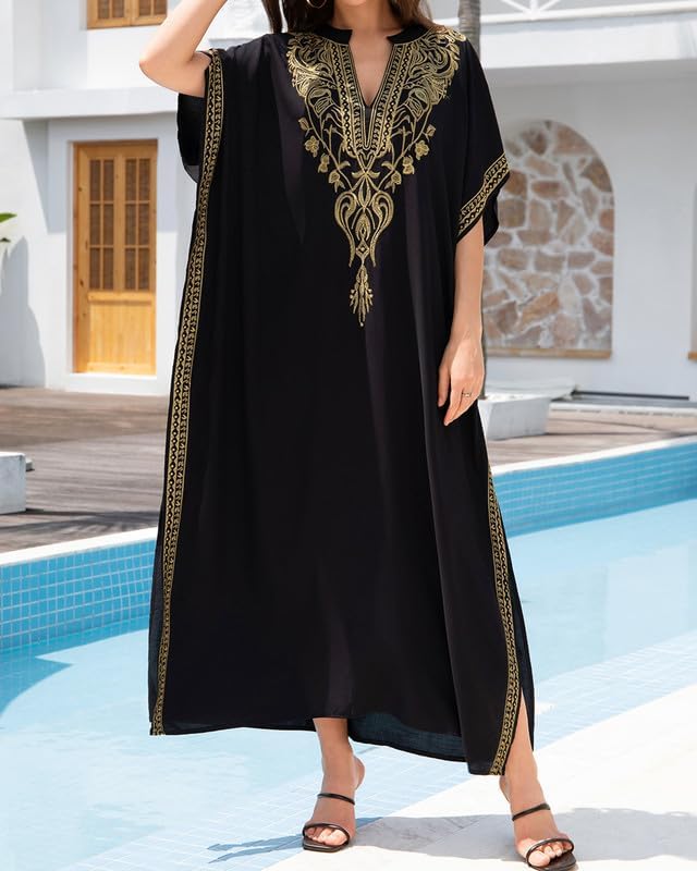 Bsubseach Damen Stickerei Kurzarm Bikini Strandkleid Side Split Beach Kaftan Kleid Goldstickerei, Go