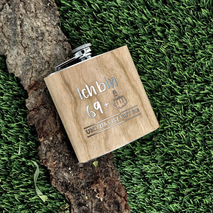 Spruchreif | Flachmann aus Edelstahl mit Gravur | Flachmann aus Holz | Outdoor Geschenk | Geschenk f