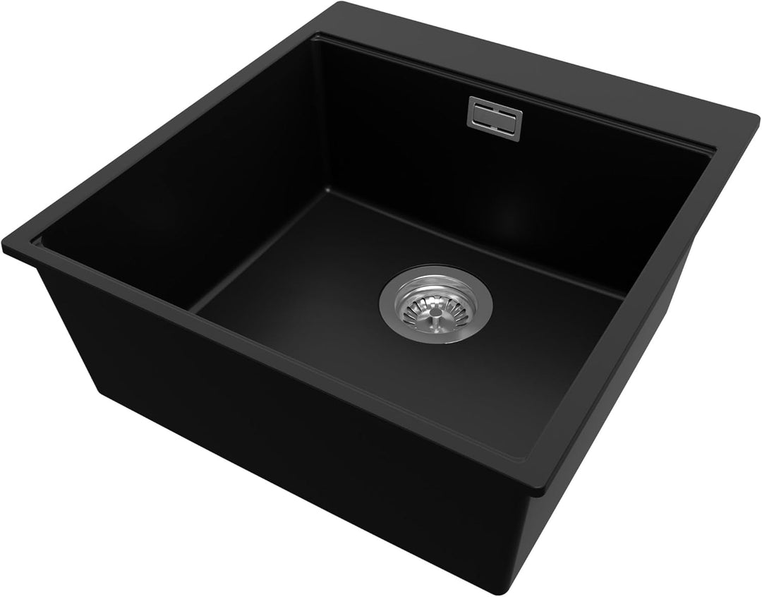 PRIMAGRAN Spülbecken Schwarz 48x50cm, Granitspüle 1 Becken + Ablauf-Set, Küchenspüle ab 50er Untersc