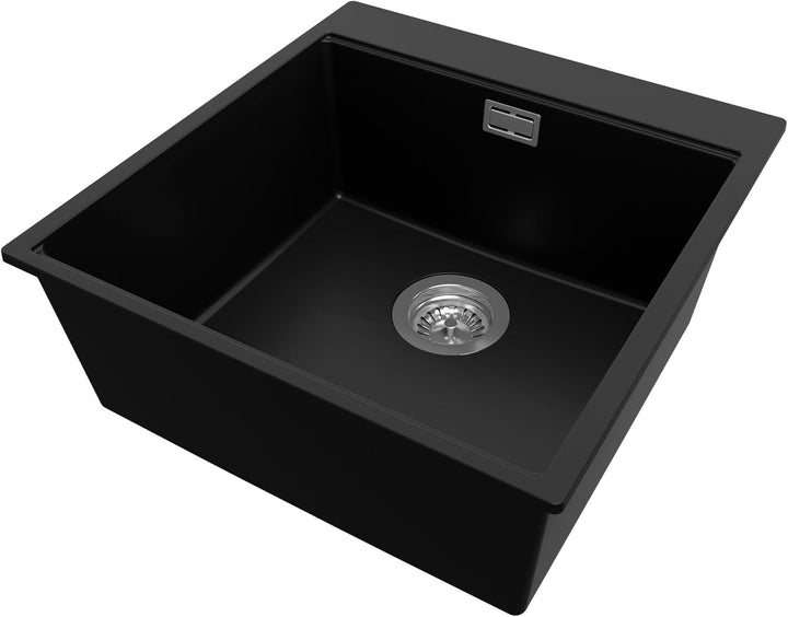 PRIMAGRAN Spülbecken Schwarz 48x50cm, Granitspüle 1 Becken + Ablauf-Set, Küchenspüle ab 50er Untersc