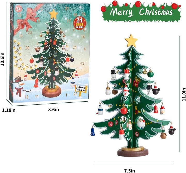 Douthfolle Adventskalender 2023 Kinder mit Hölzerner Weihnachtsbaum und 30 Ornamenten,24 Tage Weihna