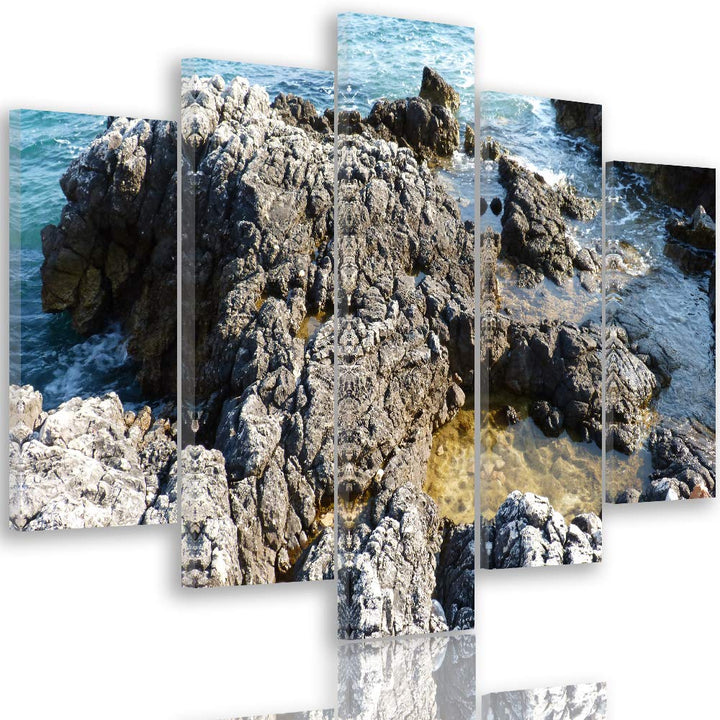 Leinwandbild 5 Teilig Landschaft Bild Wanddeko Fels Steine Natur See bunt 150x100 cm Leinwandbild 15