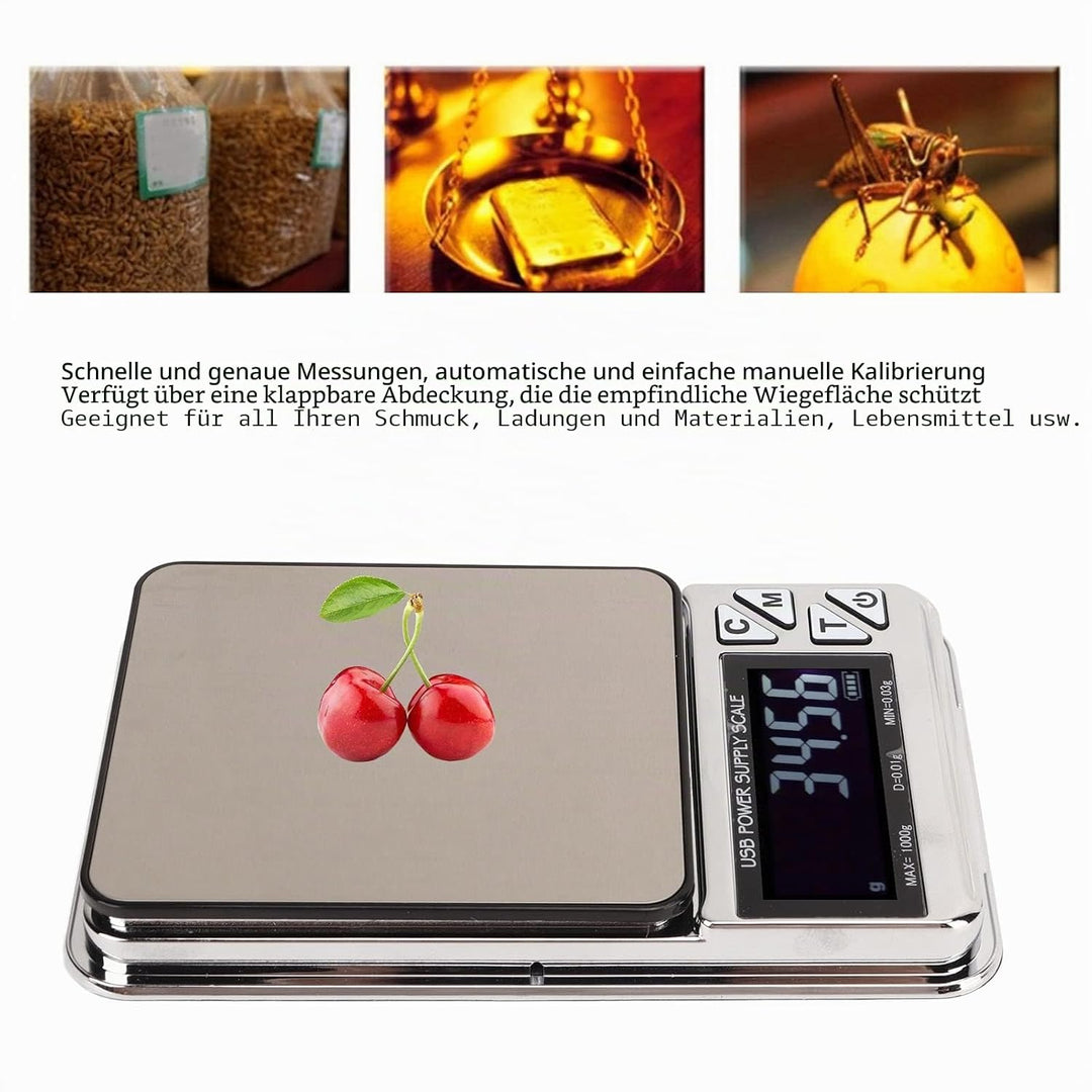Digitale Küchenwaage, 1kg 0.01g Hochpräzise Taschen-Schmuckwaage, Mini tragbare USB wiederaufladbare