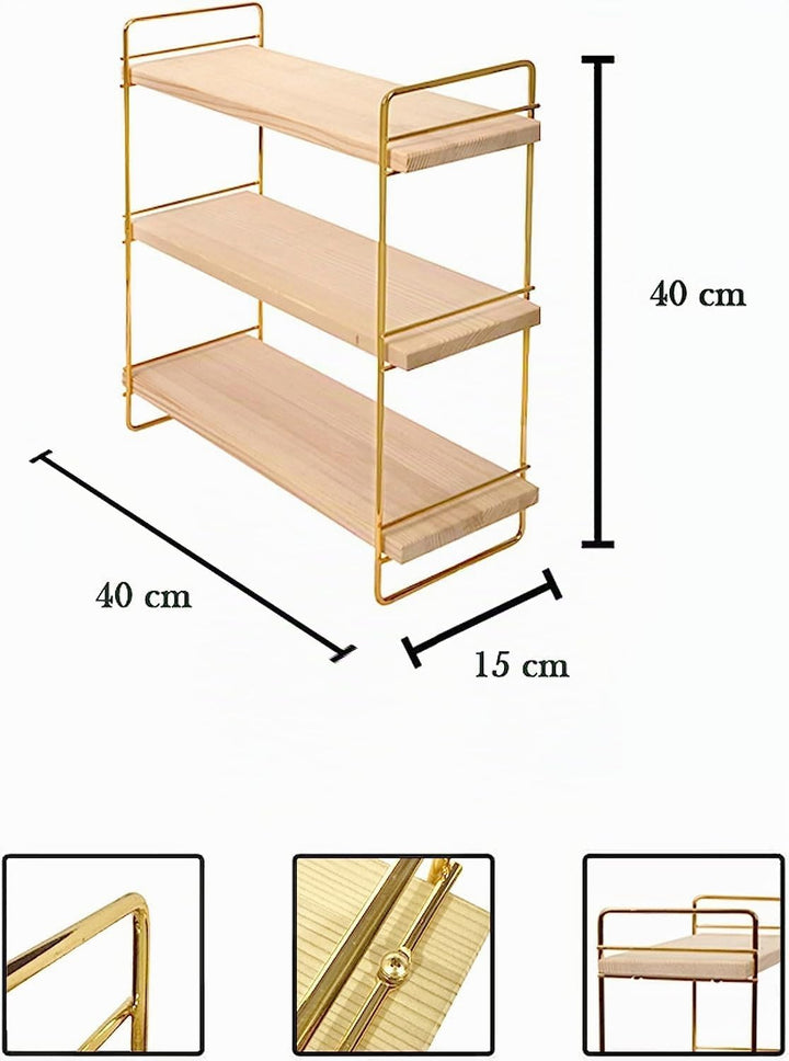 Ndeko Arbeitsplatte Regal aus Holz und Metall Gold mit 3 Ablagen, Badregal, Holzregal, Regalbrett Or