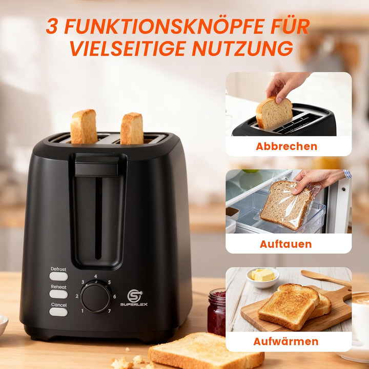Toaster 2 Scheiben 750W Mini Toaster Schwarz Kompakt Design Mit 7 Bräunungsstufen Auftau Aufwärm Sto