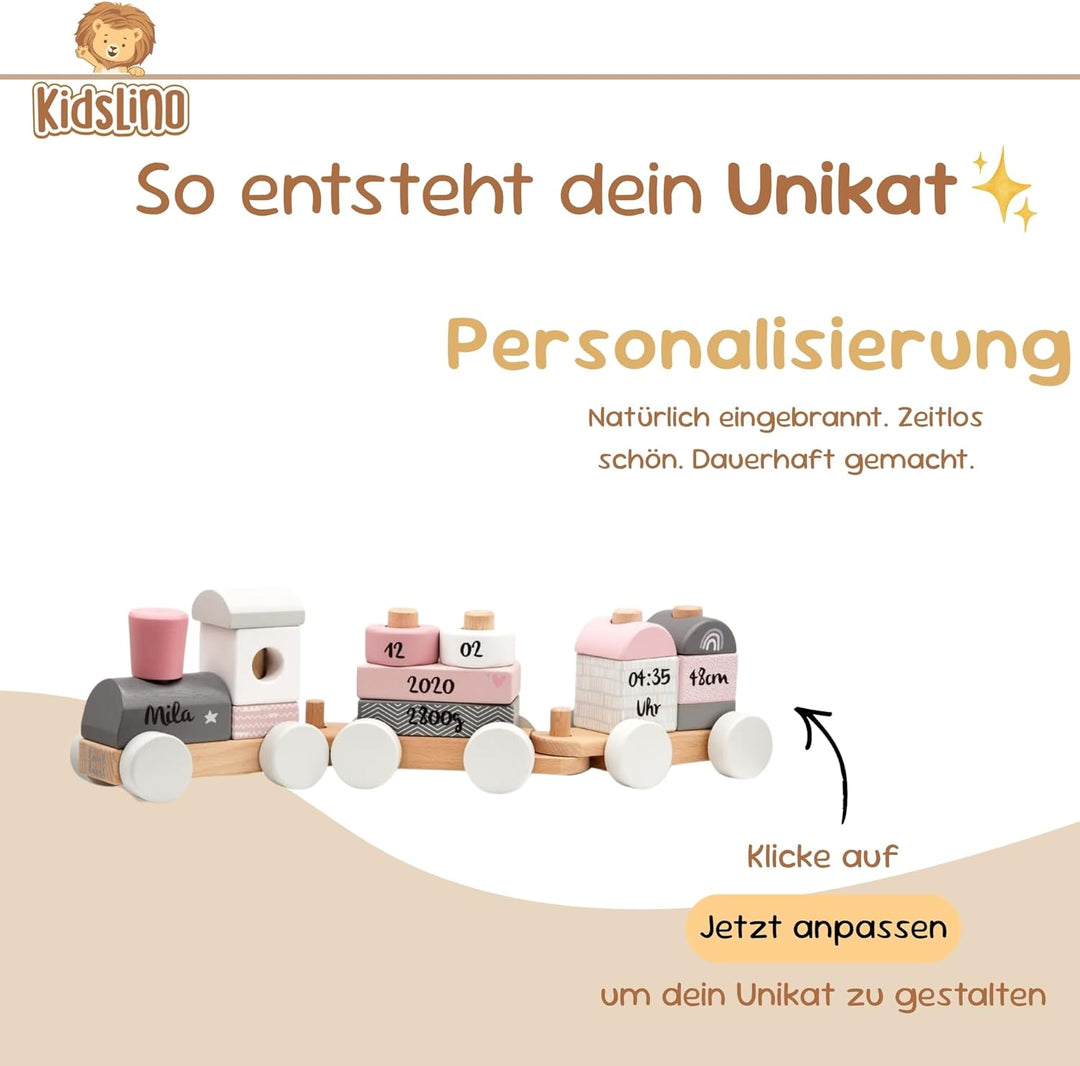 Personalisierte Holzeisenbahn rosa – Personalisierte Geschenke Baby | Steckspielzeug | Geschenk zur
