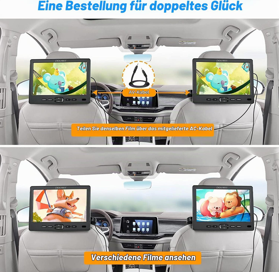 DESOBRY Auto DVD Player 10,5 Zoll 2 Monitore Kopfstütze 2 Kopfhörer HDMI Eingang AV Kabel, Kinder Fe