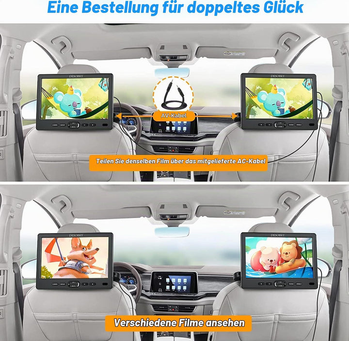 DESOBRY Auto DVD Player 10,5 Zoll 2 Monitore Kopfstütze 2 Kopfhörer HDMI Eingang AV Kabel, Kinder Fe