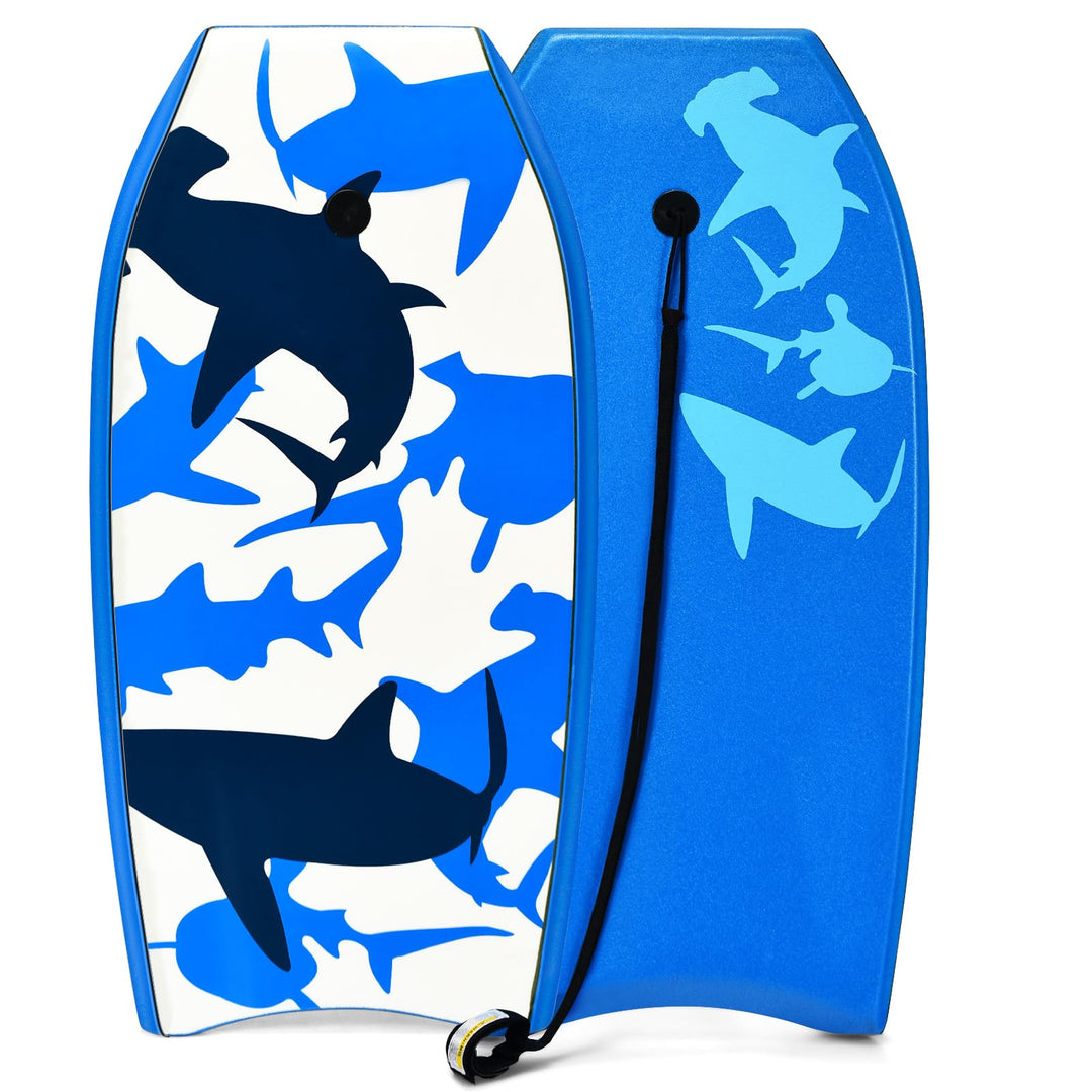 HOMASIS Bodyboard mit Halteleine, Rutschfestes Schwimmbrett aus XPE &amp; HDPE, Surfbrett mit Hai-Aufdru