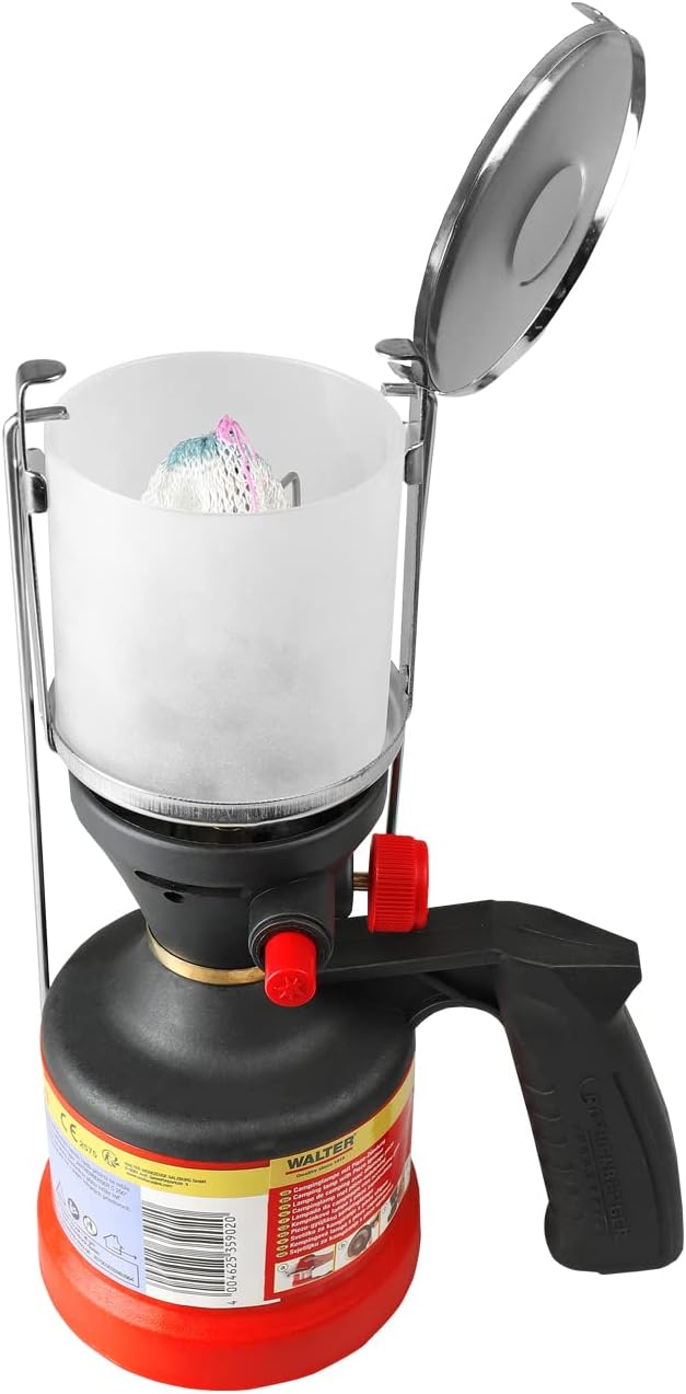 WALTER Gas Camping Lampe mit Piezo Zündung, inkl. 3 Glühstrümpfe | Stufenlos regulierbare Helligkeit