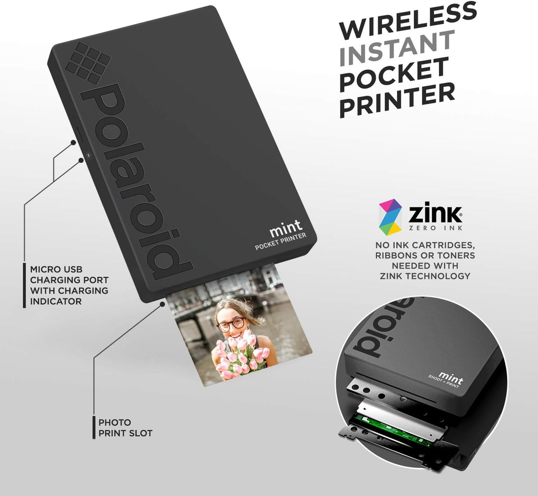 Polaroid Mint: Taschendrucker mit Zink-Papier. Bluetooth für Android- und iOS-Geräte. Druckt in selb