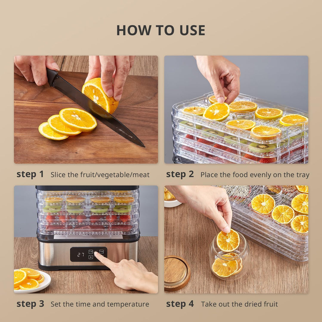 Dörrautomat mit Digitalem Timer & Temperaturregelung, 250W Elektrischer Lebensmitteltrockner mit 5 T