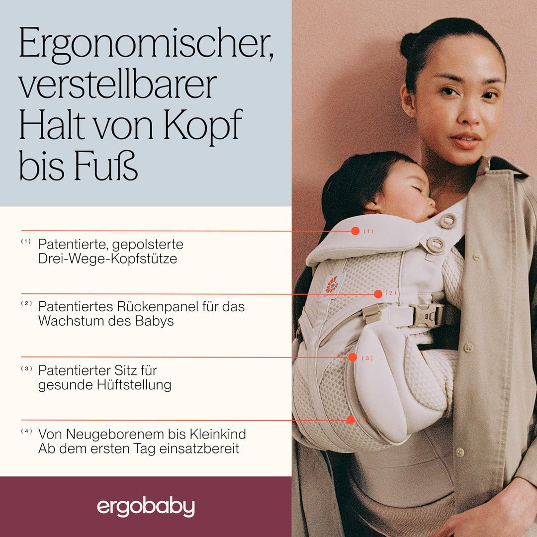 Ergobaby Babytrage für Neugeborene bis zum Kleinkind, 4-Positionen Omni 360 Cool Air Mesh Pearl Grey