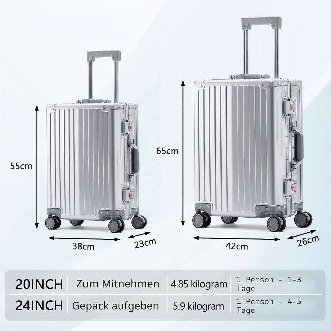 Simcat 100% Aluminium Koffer Handgepäck – Premium Hartschalenkoffer mit TSA-Schloss &amp; 4 leise Doppel
