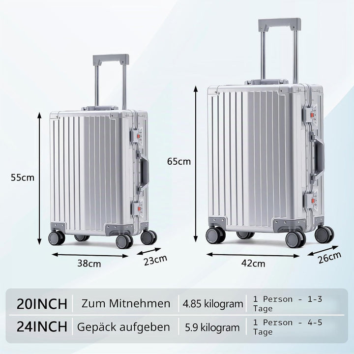 Simcat 100% Aluminium Koffer Handgepäck – Premium Hartschalenkoffer mit TSA-Schloss &amp; 4 leise Doppel