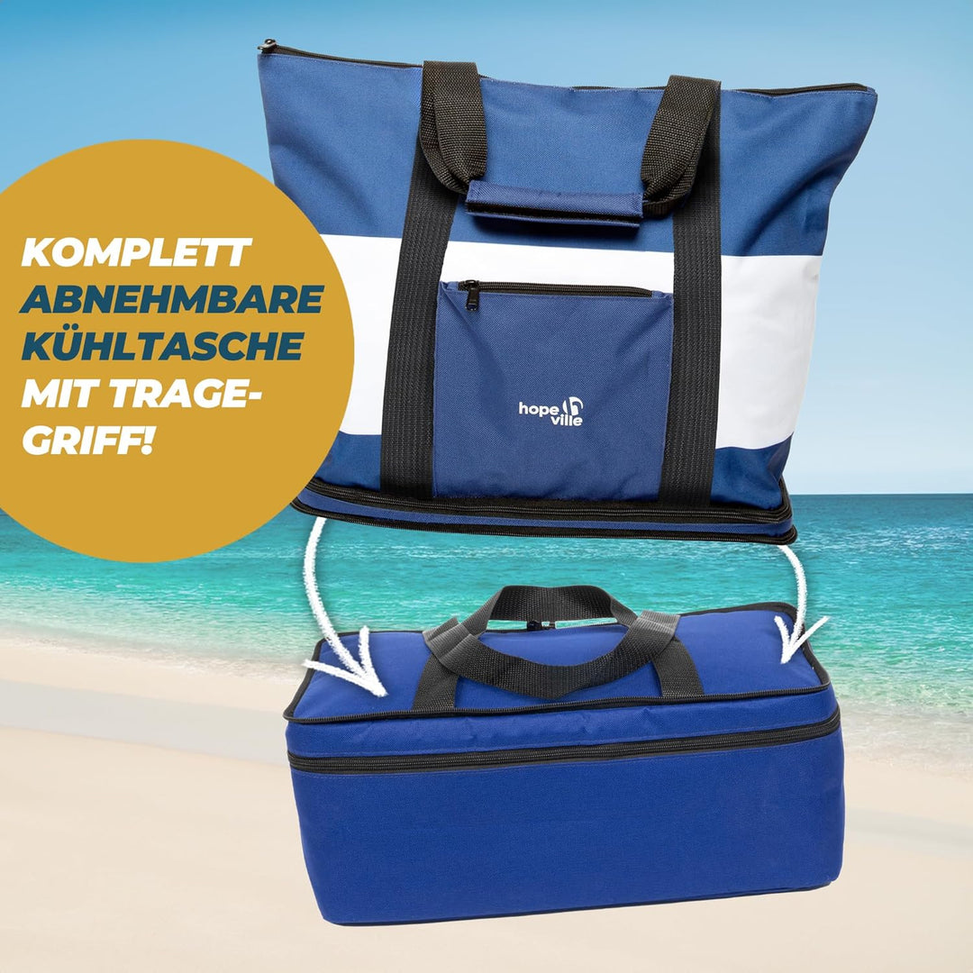 grosse XXL Strandtasche mit Reissverschluss und integrierter Kühltasche, wasserabweisende Familien P