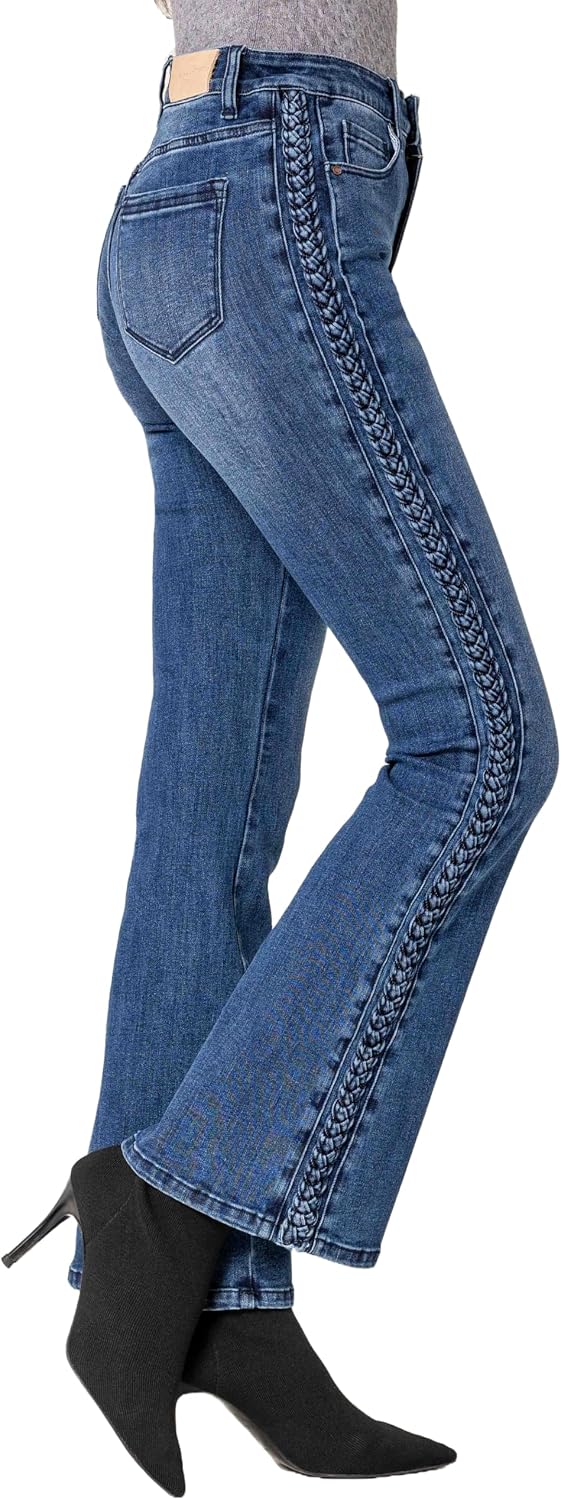 Nina Carter Q1897 Damen Bootcut Jeans im Retro-Stil HIGH Waist Stretchjeans Jeanshosen Used-Look Sch