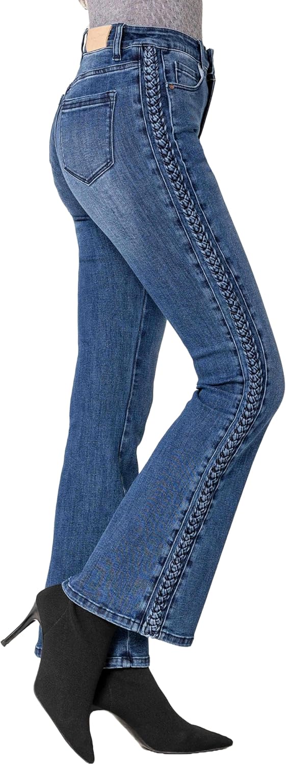 Nina Carter Q1897 Damen Bootcut Jeans im Retro-Stil HIGH Waist Stretchjeans Jeanshosen Used-Look Sch