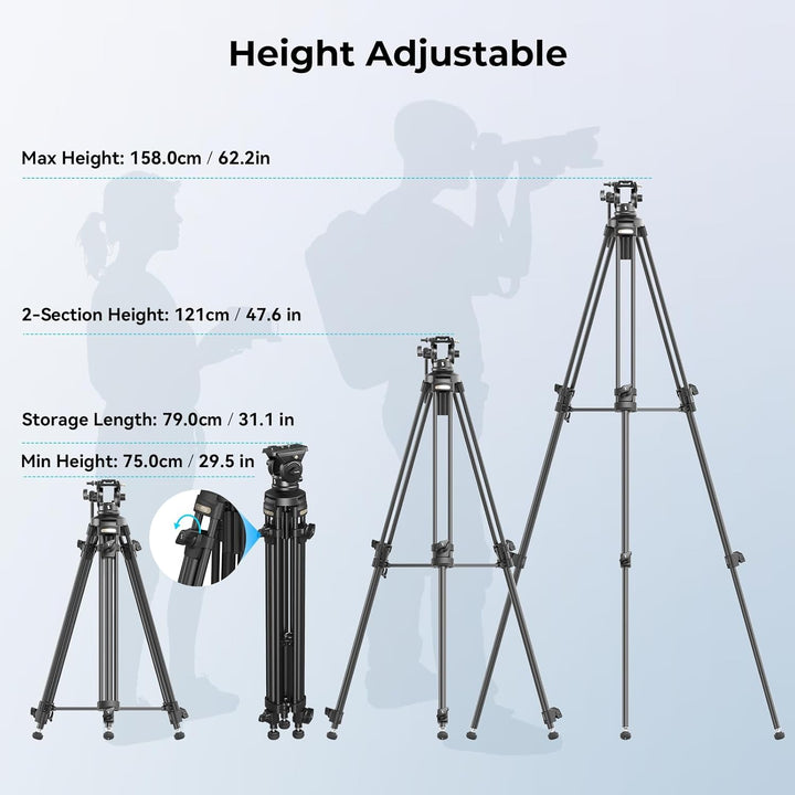 SMALLRIG 62" Videostativ mit 360° Fluidkopf, leichtes Kamerastativ aus Aluminiumlegierung mit QR-Pla