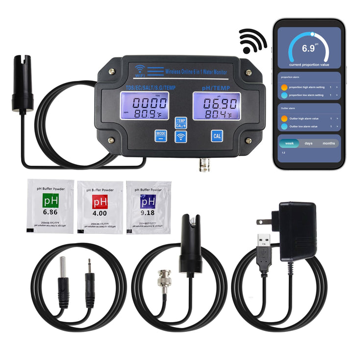 6-in-1 Smart Water Quality Tester – WiFi/App Monitor für pH, EC, TDS, Temp, SG & Salz Echtzeit-Alarm