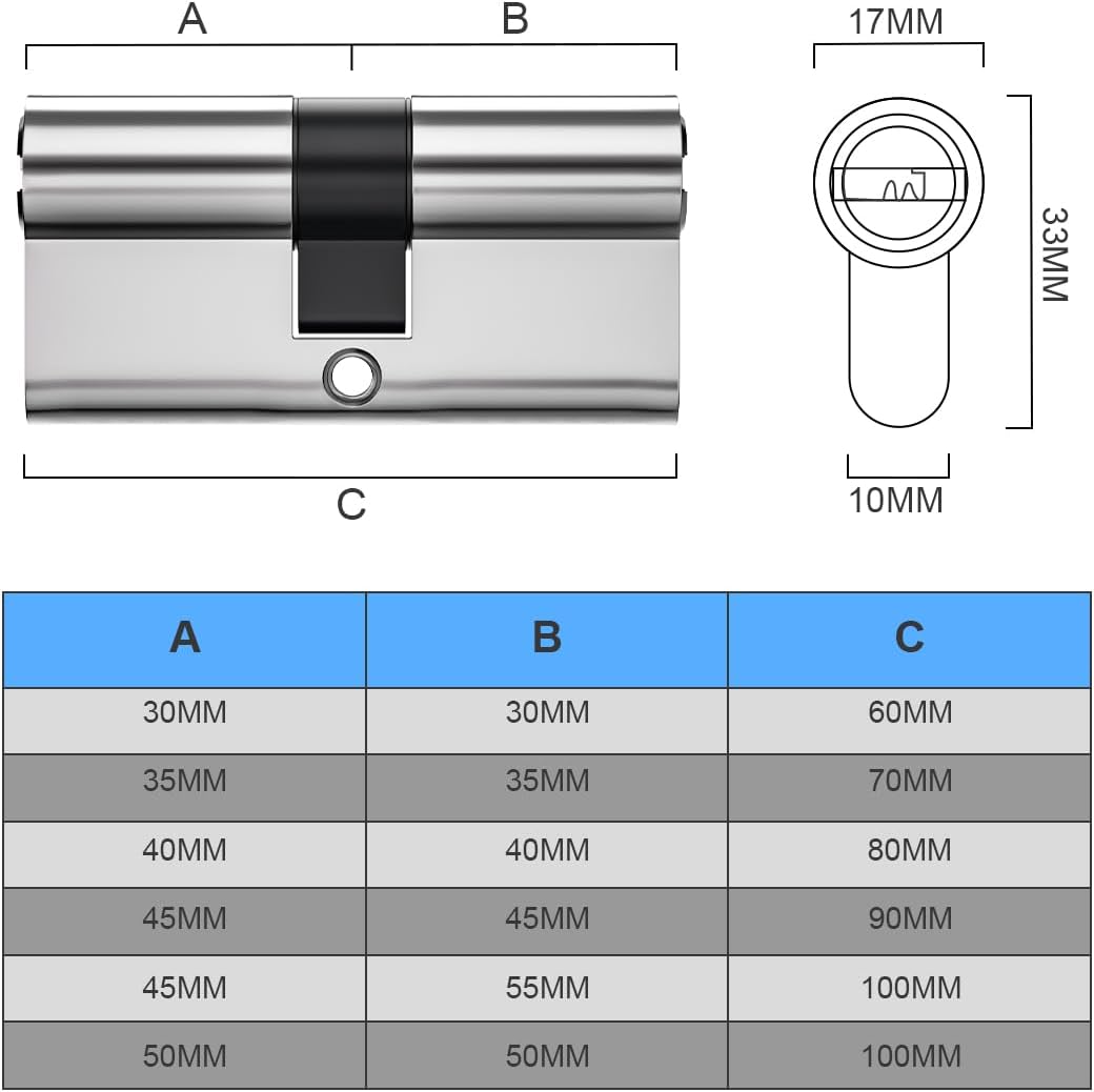 85 mm (40/45) Zylinderschloss aus satiniertem Nickel mit 3 Standardschlüsseln Anti-Knack Anti-Druck