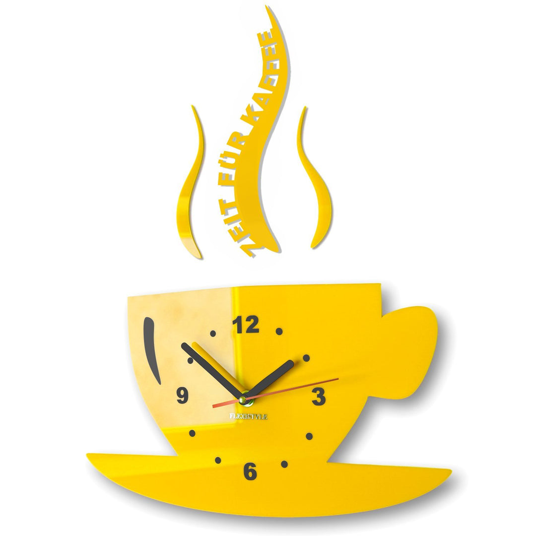 FLEXISTYLE Tasse Zeit für Kaffee Moderne Küche Wanduhr, 3D römisch, wanduhr deko (Zitronengelb), Zit