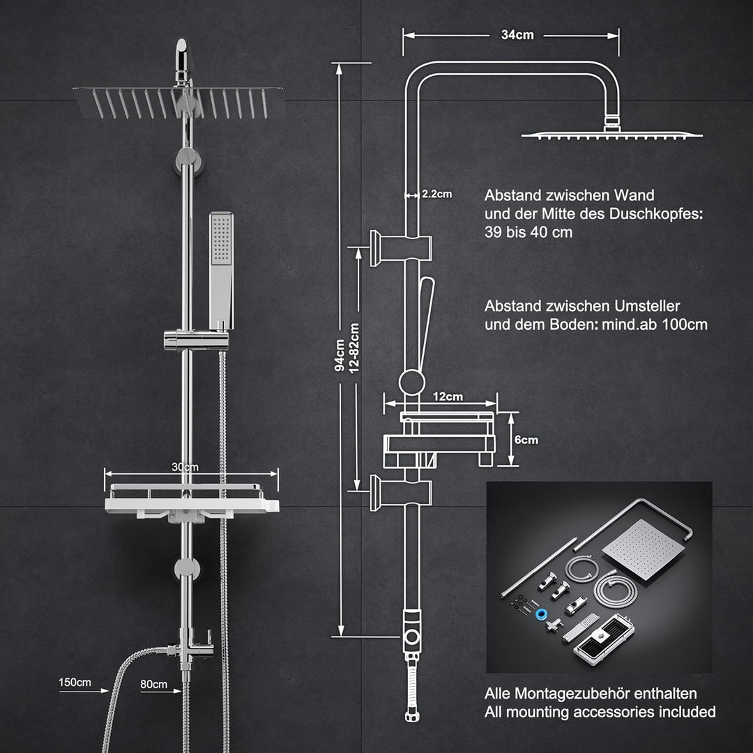 Görbach Regendusche Duschsystem Duschstange mit Ablage Wassersparend Duschset ohne Duscharmatur Chro
