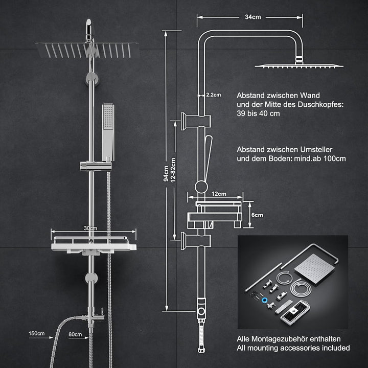 Görbach Regendusche Duschsystem Duschstange mit Ablage Wassersparend Duschset ohne Duscharmatur Chro