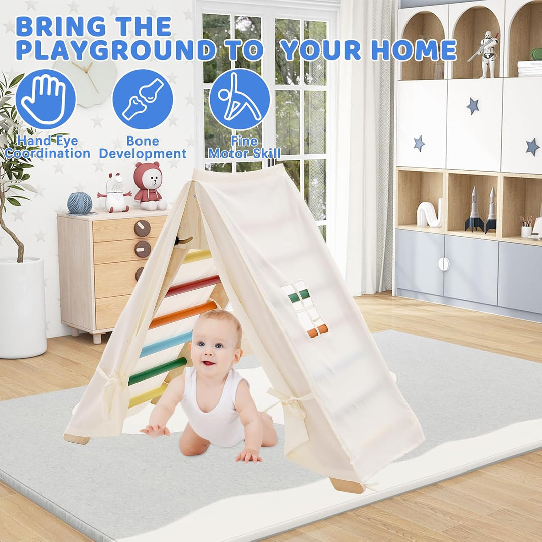 5-in-1 Montessori Kletterdreieck, Klettergerüst Indoor mit Rutsche, Kletterleiter und Zeltdach, Wipp