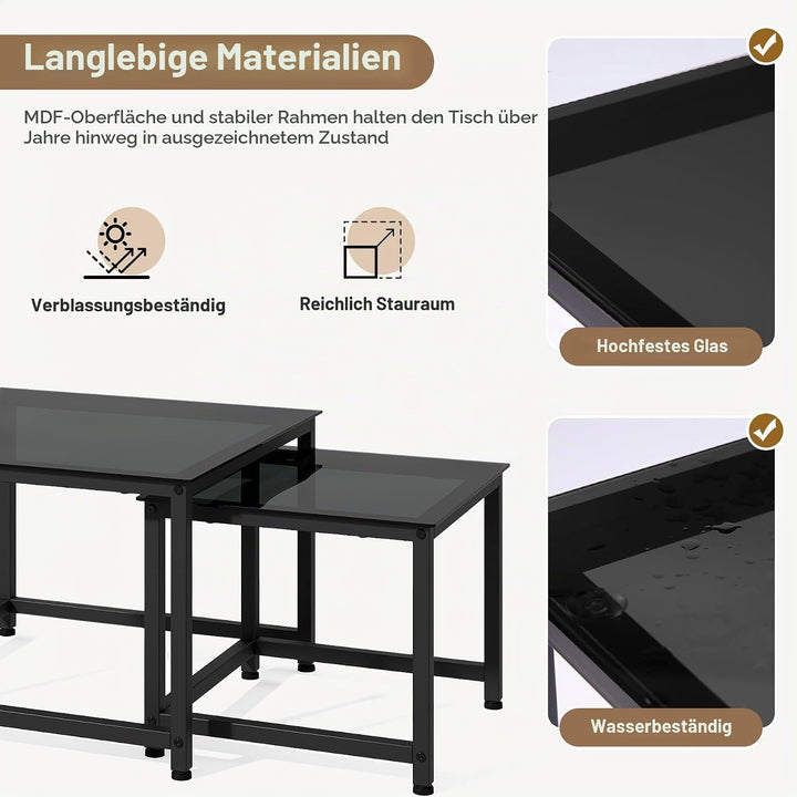 Hawthyhome 2 Stücke quadratisch Set, Couchtisch aus Glas mit Metallrahmen,Moderne Kaffeetische Satzt
