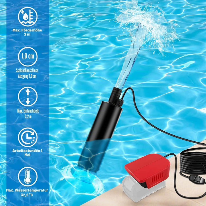 Tauchpumpe Kompatibel mit Einhell 18V Batterie, 30L/min, Lift 15FT, 120W angetriebene Wasserpumpe, T
