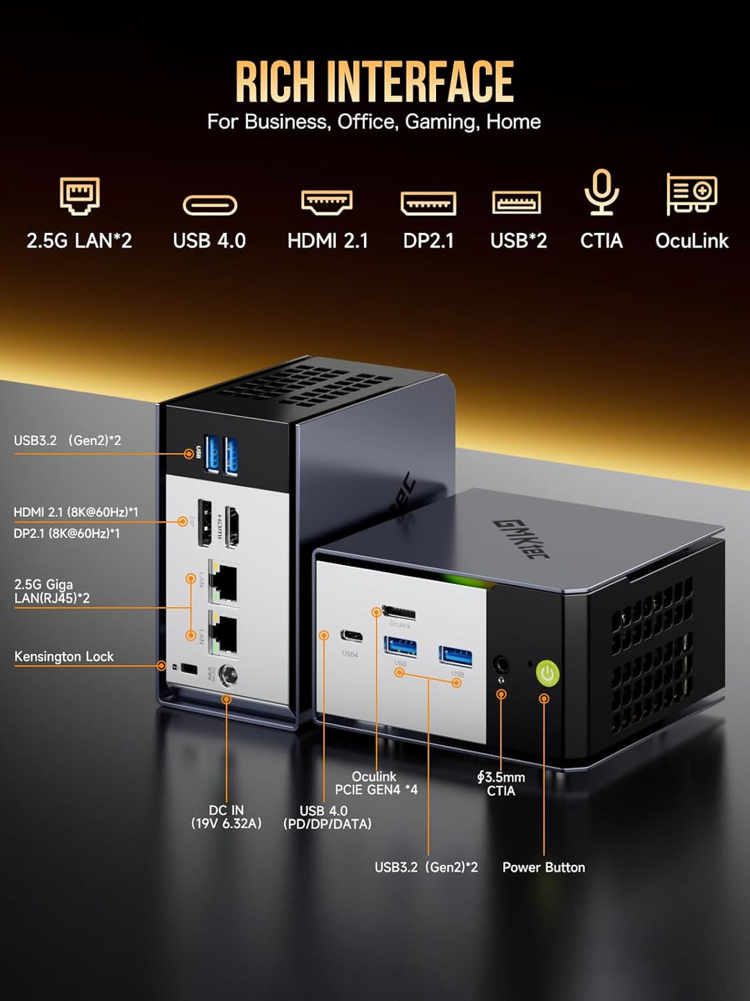 EVO-X1 AI Mini Gaming PC AMD Ryzen AI 9 HX-370 Serie (5,1 GHz) Desktop PC 32 GB LPDDR5X 1 TB PCIe 4.