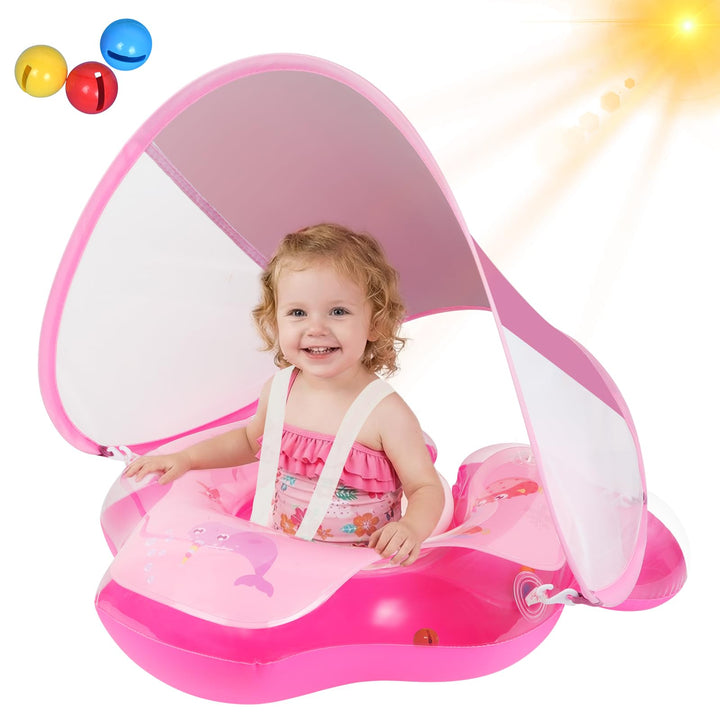 Baby Schwimmring mit abnehmbarem Sonnenschutz und Glöckchen, inklusive 1 x Handpumpe und 2 x Reparat
