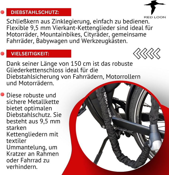 Fahrradschloss | ebike Kettenschloss | 150cm | Radschloss | Motorradschloss | Schloss für Fahrrad, e