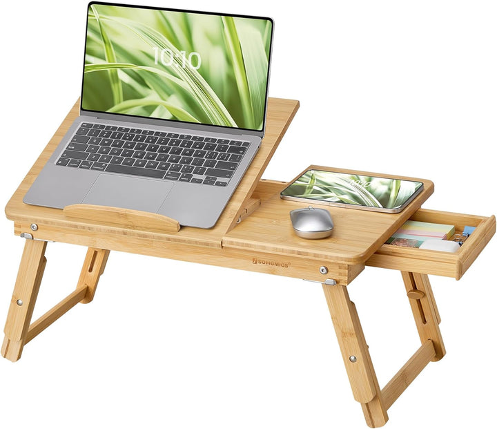 SONGMICS Höhenverstellbarer Laptoptisch mit Schublade, klappbarer Notebooktisch aus Bambus, Betttisc