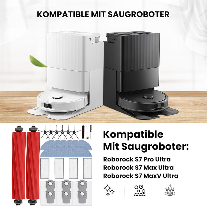 28 Stück Zubehörset für Roborock S7 MaxV Ultra / S7 Pro Ultra Saugroboter, 2 Hauptbürste 6 Staubbeut