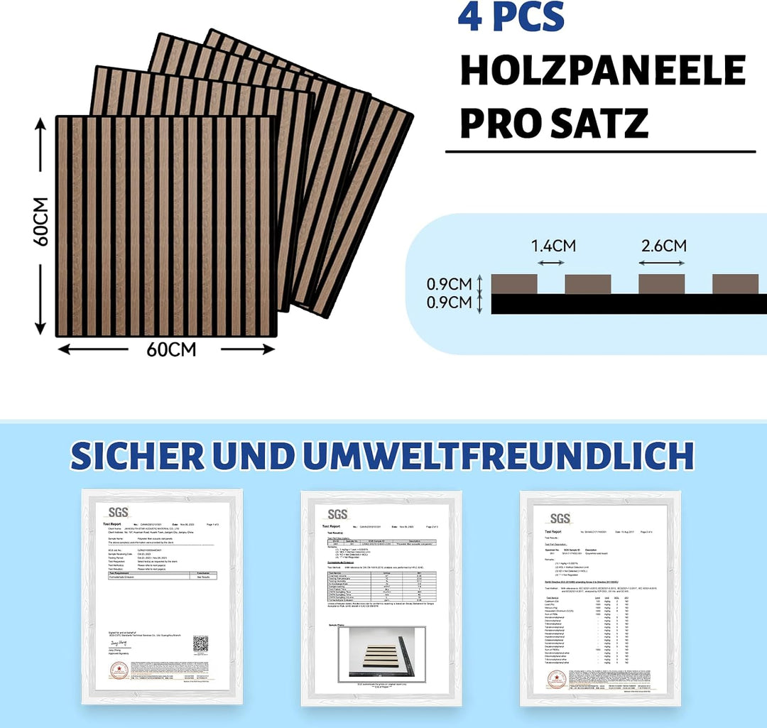AKK-STAR Akustikpaneele 4er-Set - 600 x 600 x 18 mm 1,44 m² Wandpaneele aus Holz - Akustikpaneele Ho