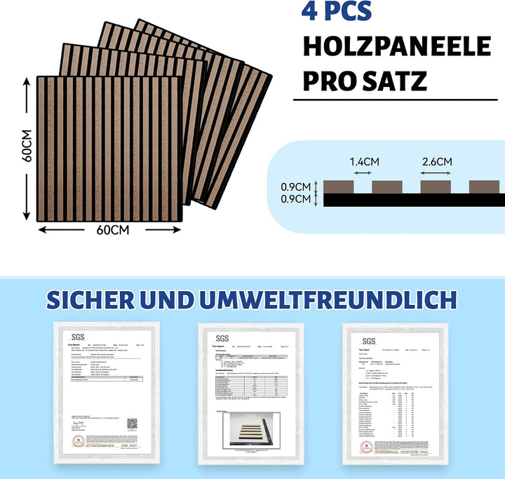 AKK-STAR Akustikpaneele 4er-Set - 600 x 600 x 18 mm 1,44 m² Wandpaneele aus Holz - Akustikpaneele Ho