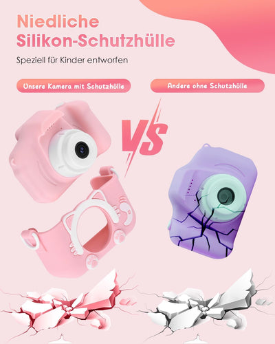 Kinderkamera für Mädchen, 3-12 Jahre, 2.0”Display Digitalkamera, Doppelobjektiv, 32GB SD-Karte, Sili