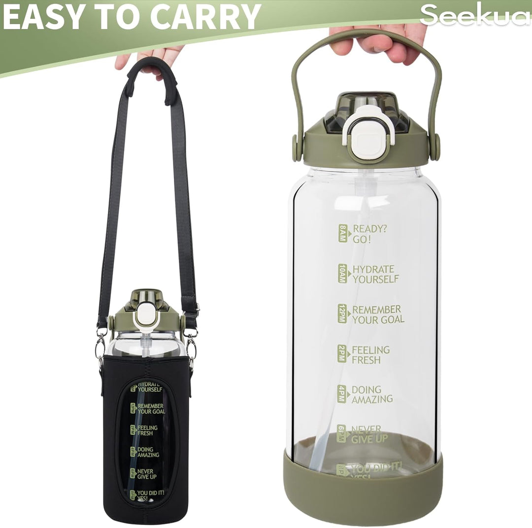 Seekua 1.5 liter Trinkflasche Glas Flasche mit Strohhalm & Zeitmarkierung, 1.5l Wasserflasche mit Fr
