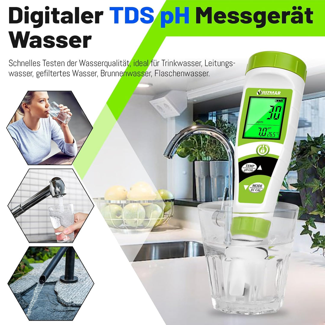 UIUZMAR Pool pH Messgerät Wasser, pH EC Messgerät Grow, Digitales pH EC PPM Temperaturtester mit pH7
