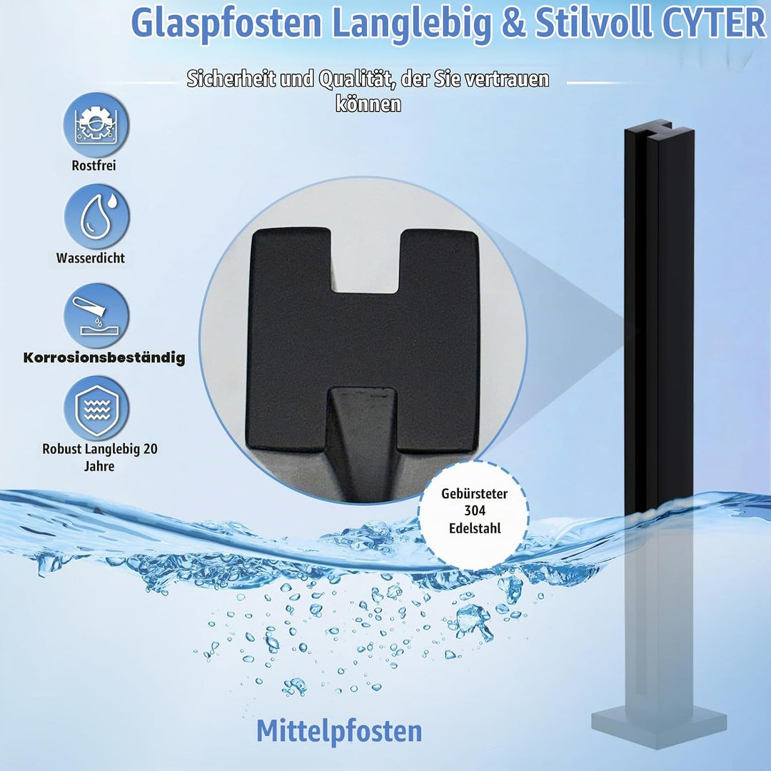 Glas-Balustradenpfosten, Schwarz 65cm – Geländersystem aus Glas – Aufsatzlose Einsteckenden für Vera