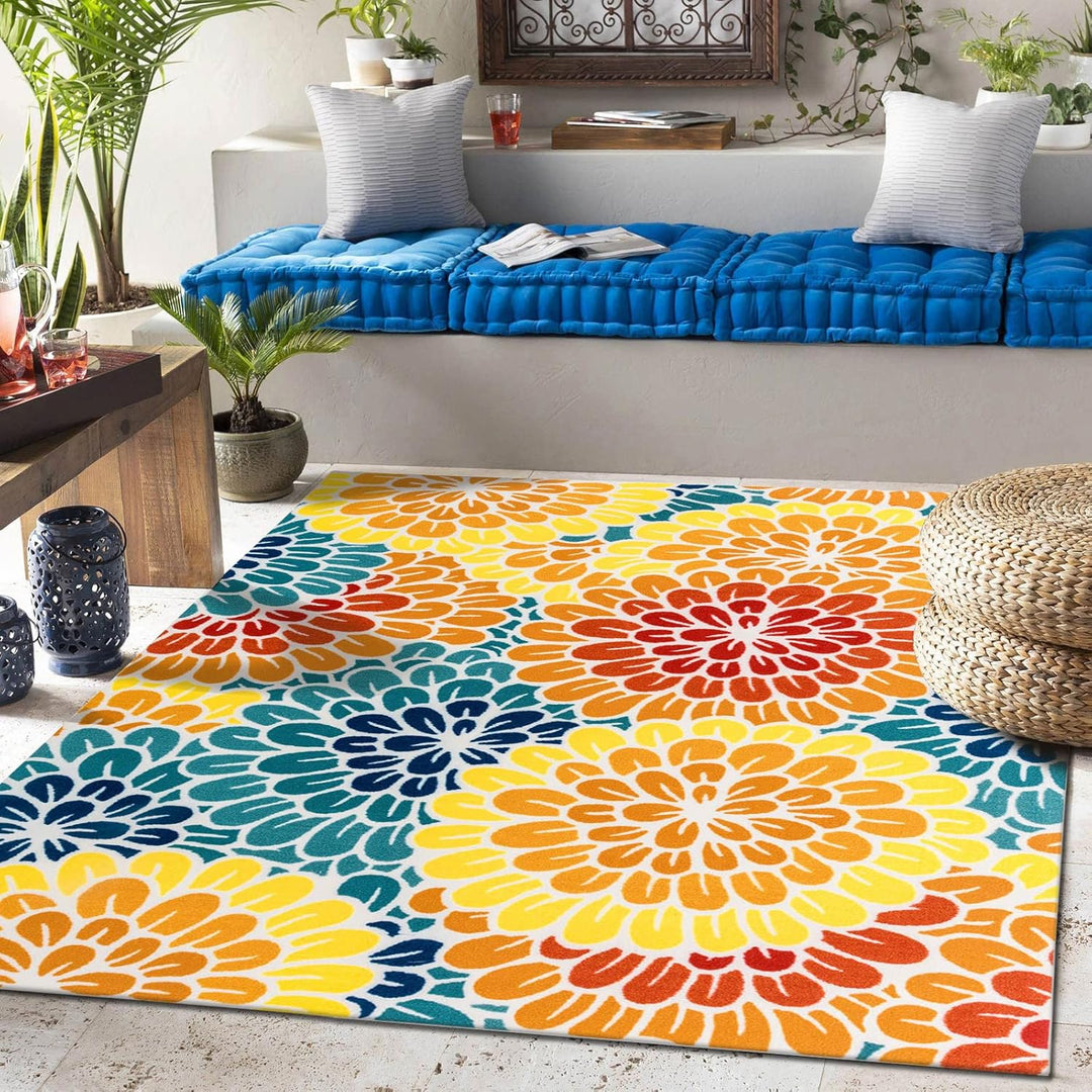 DECOMALL Sunshine Outdoor Teppich Wetterfest, Florale Teppich UV-beständig, Bunte Blumen Aussenteppi
