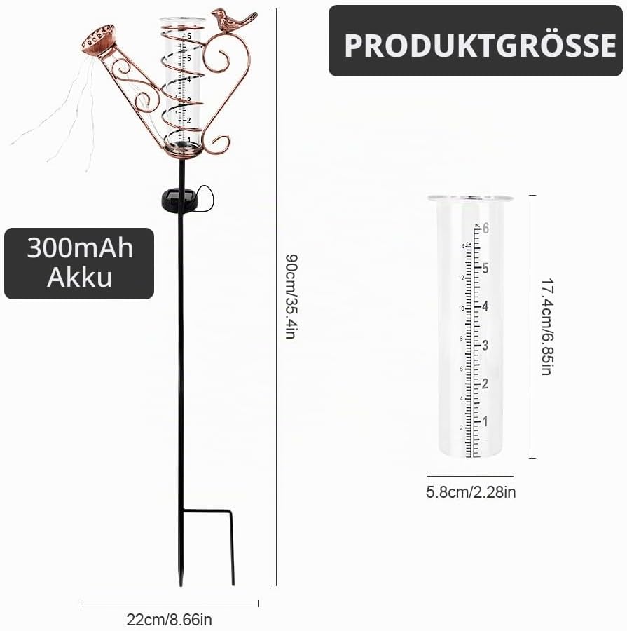 Regenmesser für Garten Frostsicher, Niederschlagsmesser mit Erdspiess und Licht, Outdoor Regenmesser