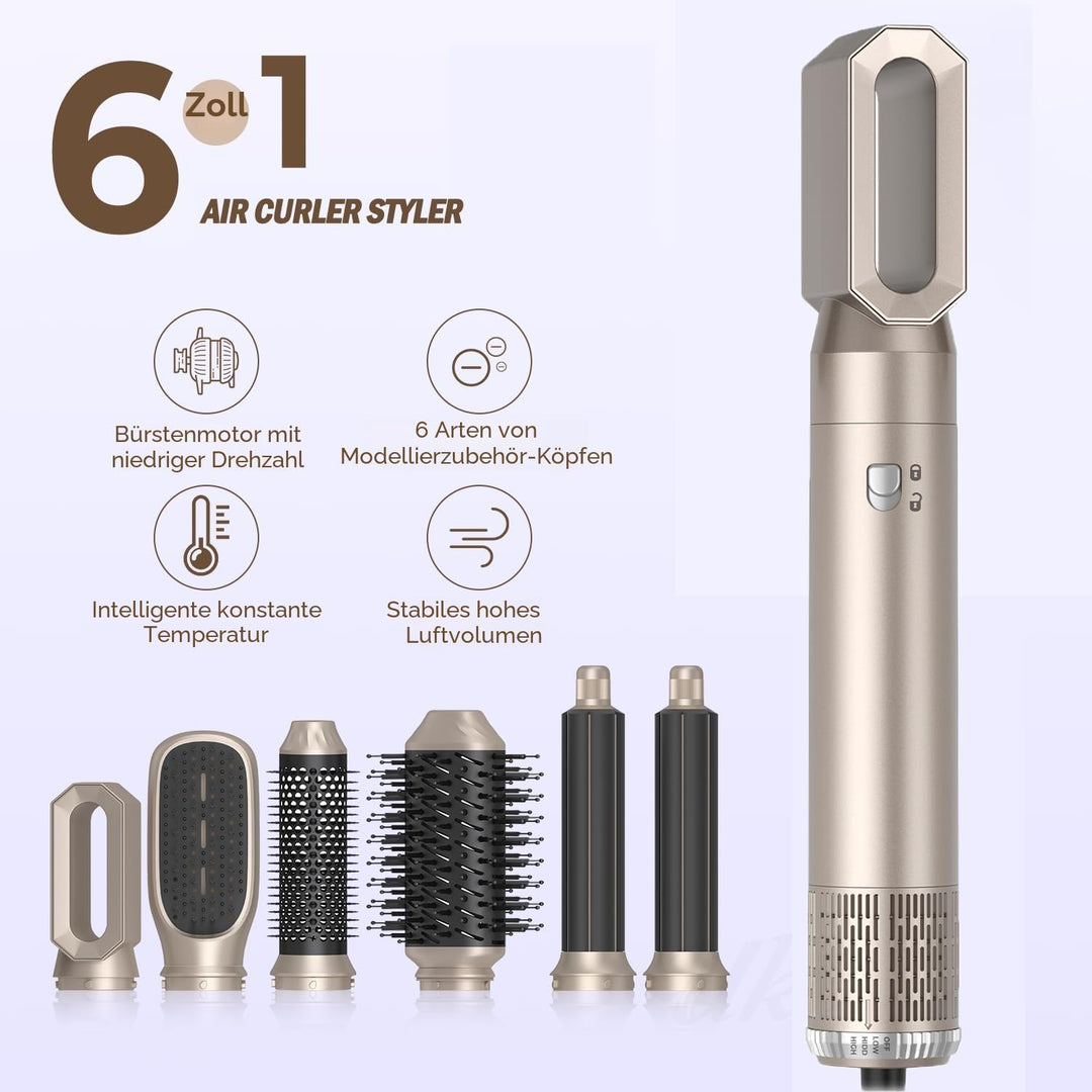 6 in 1 Hairstyler Set, Air Styler mit 1000W Haartrockner, Rundbürstenföhn, Lockenstab, Warmluftbürst