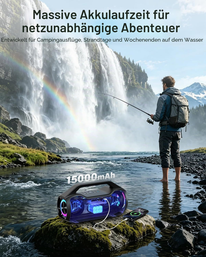 Bluetooth Lautsprecher Tragbare Musikbox, 200W Spitzenleistung, Bass Boost 2 * Subwoofer IP65 Wasser