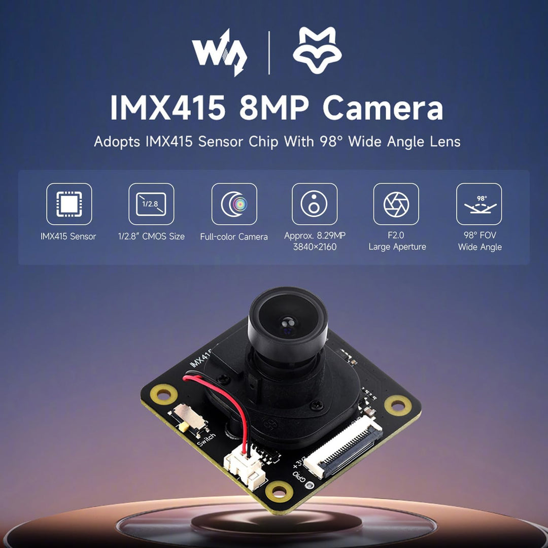 Waveshare IMX415 8MP Camera Module, Adopts IMX415 Sensor Chip with 98° Wide Angle Lens, Good Low Lig