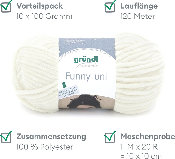 Gründl Funny uni Strick- & Häkelgarn (samtartiges Chenille-Garn aus 100 % Polyester, 10 x 100 g / 12