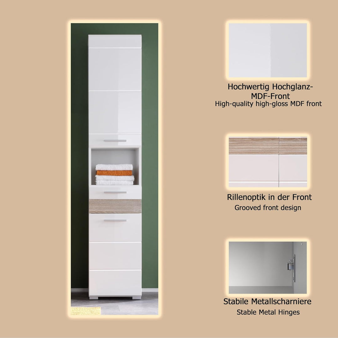 trendteam smart living - Hochschrank Schrank - Badezimmer - Mezzo - Aufbaumass (BxHxT) 37 x 182 x 31