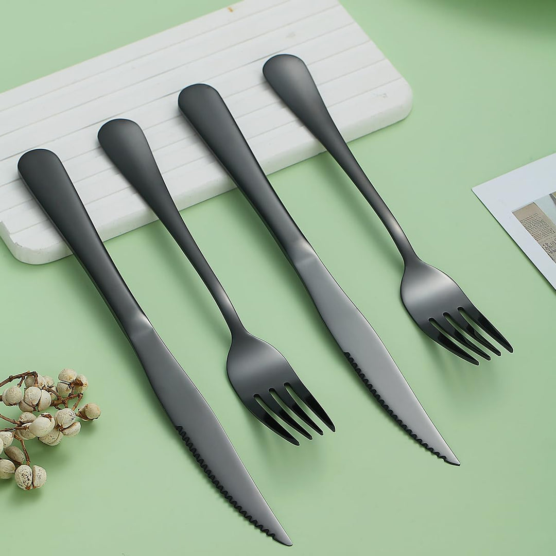 Evanda Schwarzes Steakbesteck 12 teilig, Schwarzes Titanbeschichtung Edelstahl 6 Tafelgabeln und 6 T